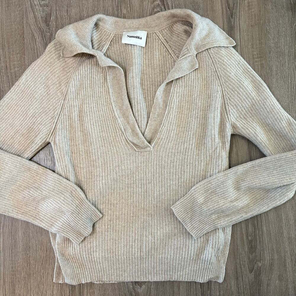Nanushka Ribbed Collared Deep V-Neck Sweater Cashmere Blend Oatmeal Beige